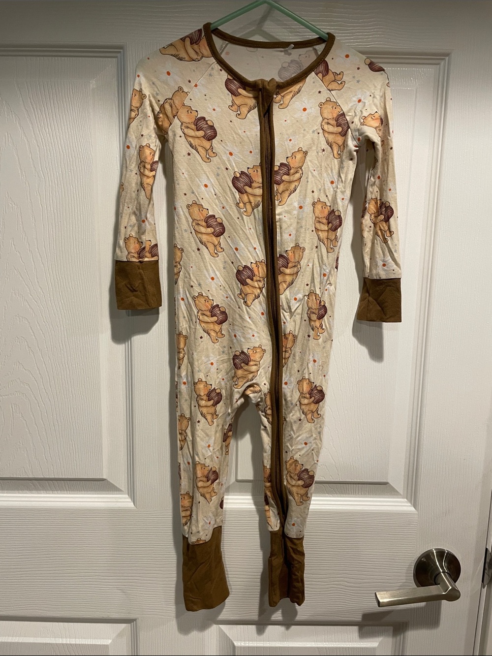 Beige Winnie the Pooh Print Kids One-Piece Bodysuit with Brown Trim